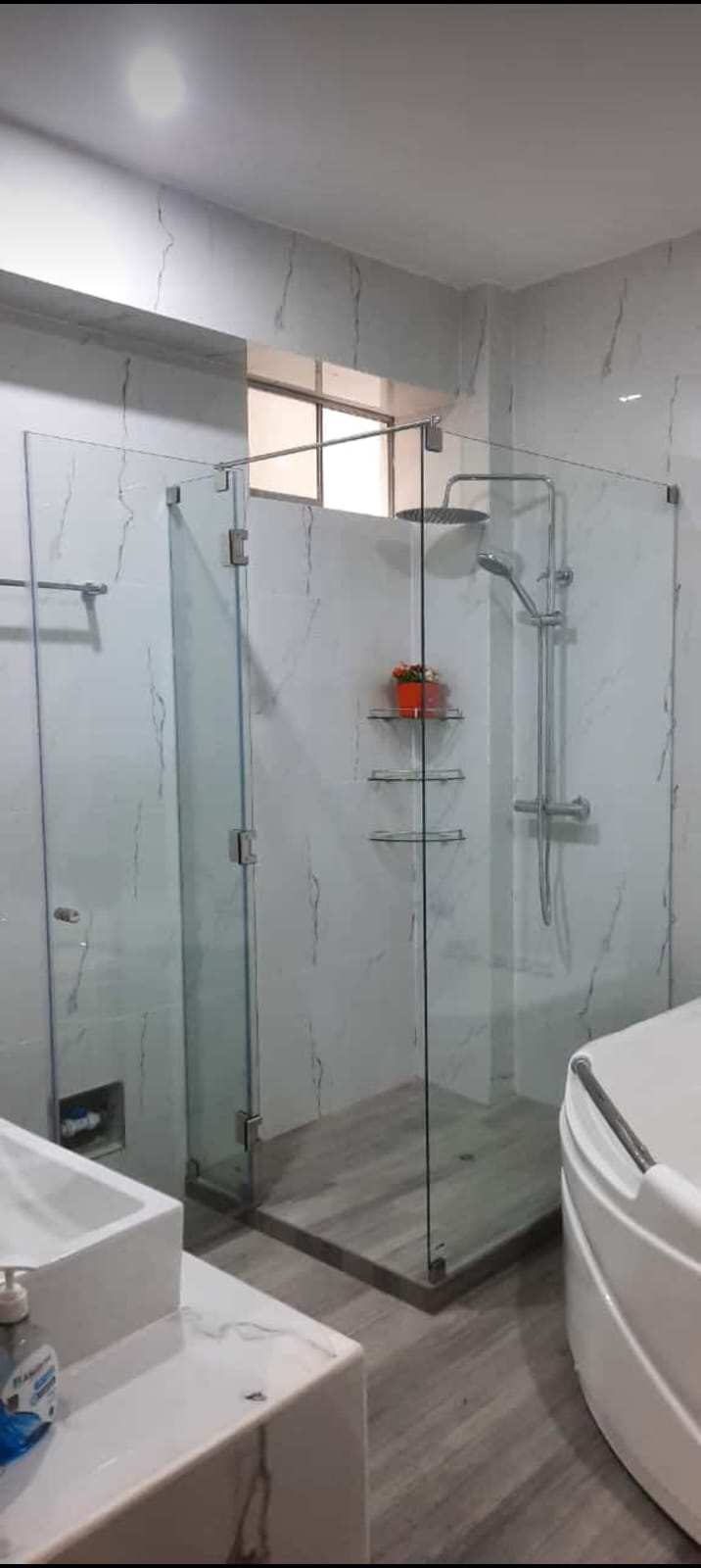 Puerta de ducha con vidrios transparentes templados de 8 mm y accesorios de acero inoxidable batiente